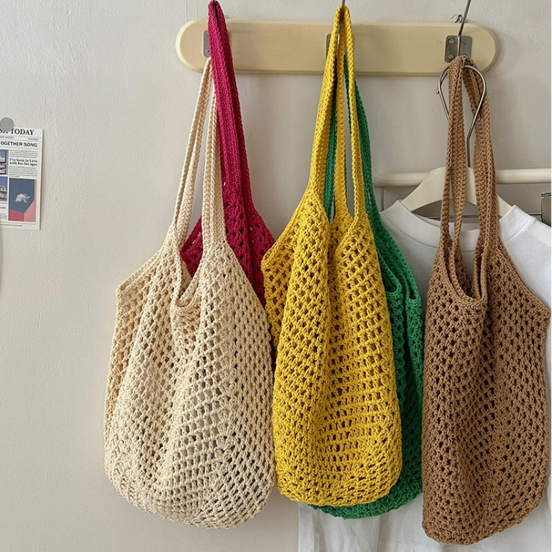 Casual Large Capacity Cotton Thread Woven Bag Hollow Out Cutout Straw Bag Idle Shoulder Bag Vacation Beach Bag Women Bag