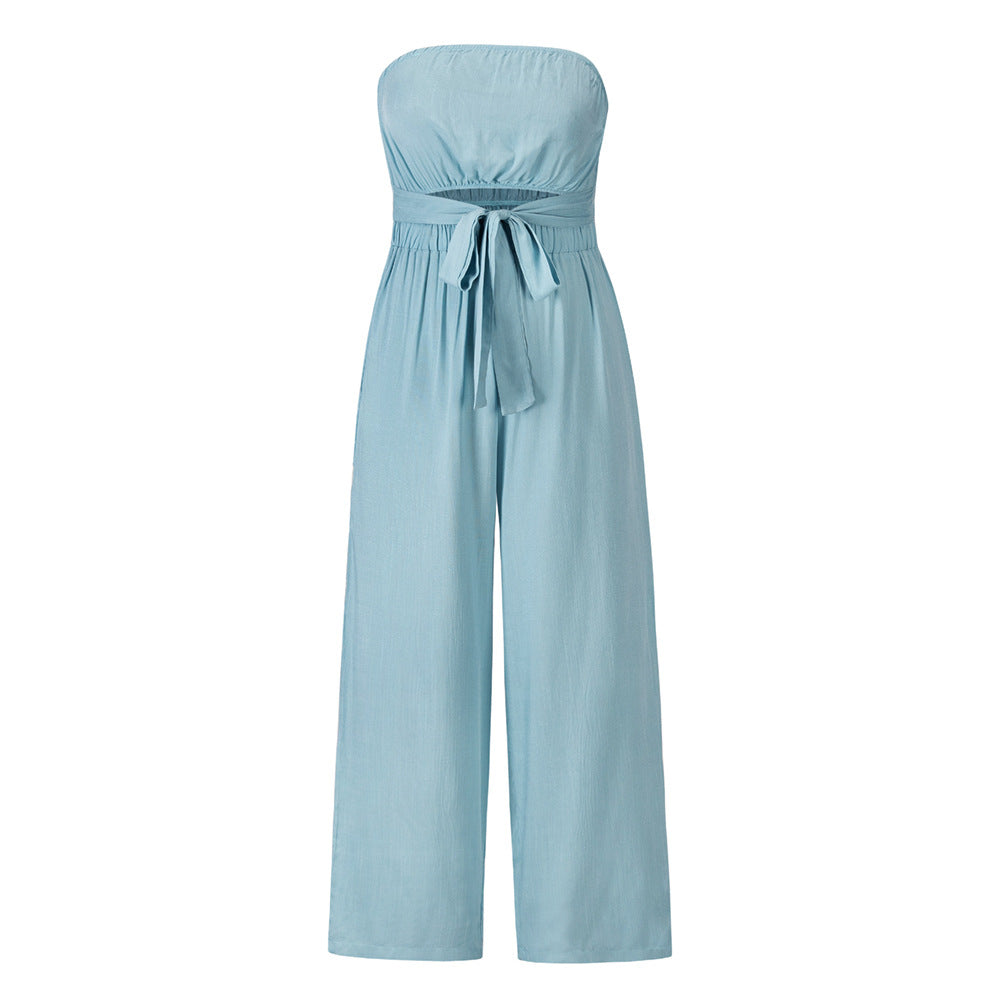 Casual Fashion Set Sexy Backless Slim Fit Jumpsuit Straight Leg Trousers Set Spring Summer New light blue