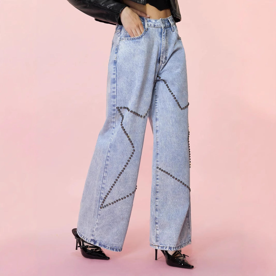 Women Clothing Loose Retro Beaded Jeans Trousers