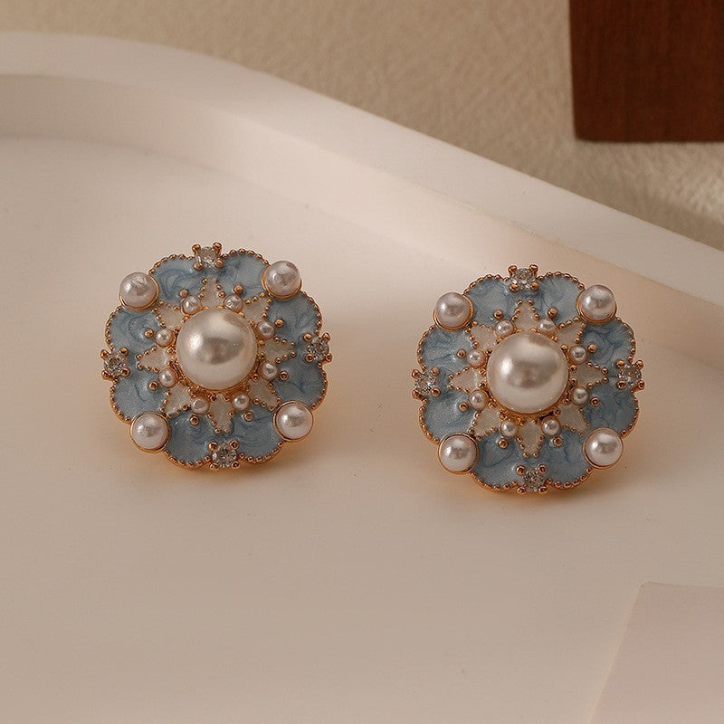 French Blue Color Oil Glaze Floral Stud Earrings Light Luxury High Grade Retro Minority Mid Ancient Pearl Earrings for Women One Size Multi3