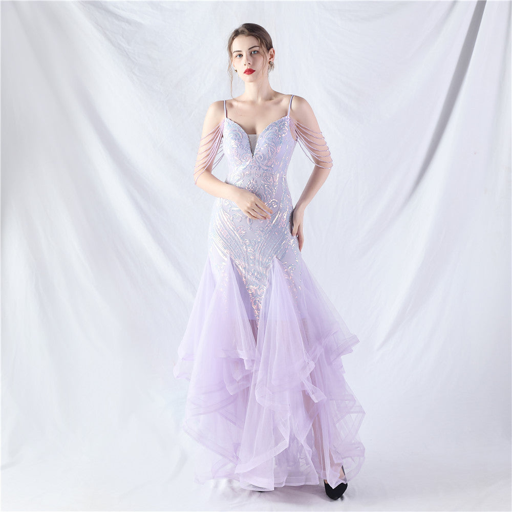 Craft Beads Hard Net Positioning Floral Sequin Stitching Mesh Dance Celebration Performance Dress Light Lavander