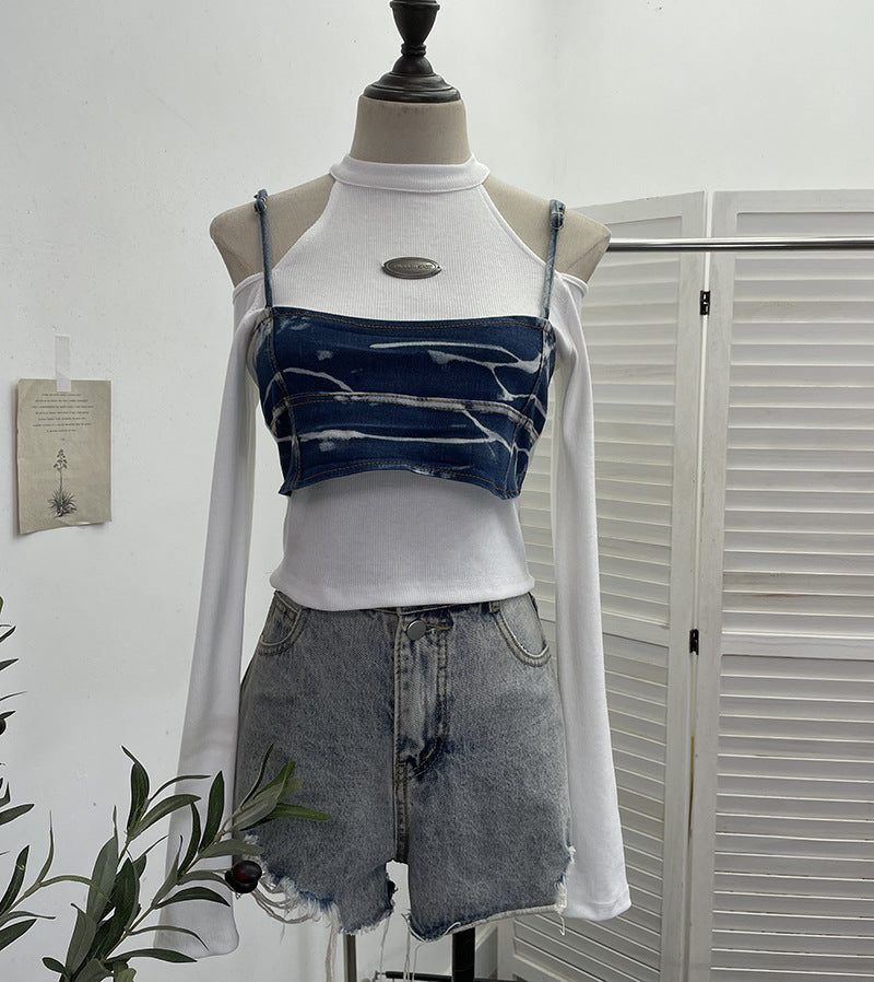 Real Shot Sexy Slim Long Sleeve T shirt Sling Faux Two Pieces Denim Short Strapless Top One Size White