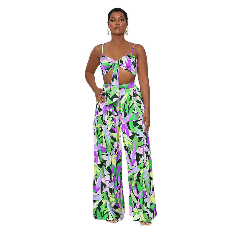 Summer Printed Sexy Strap Tube Top Cropped Women Clothing Casual Wide Leg Pants Suit Green