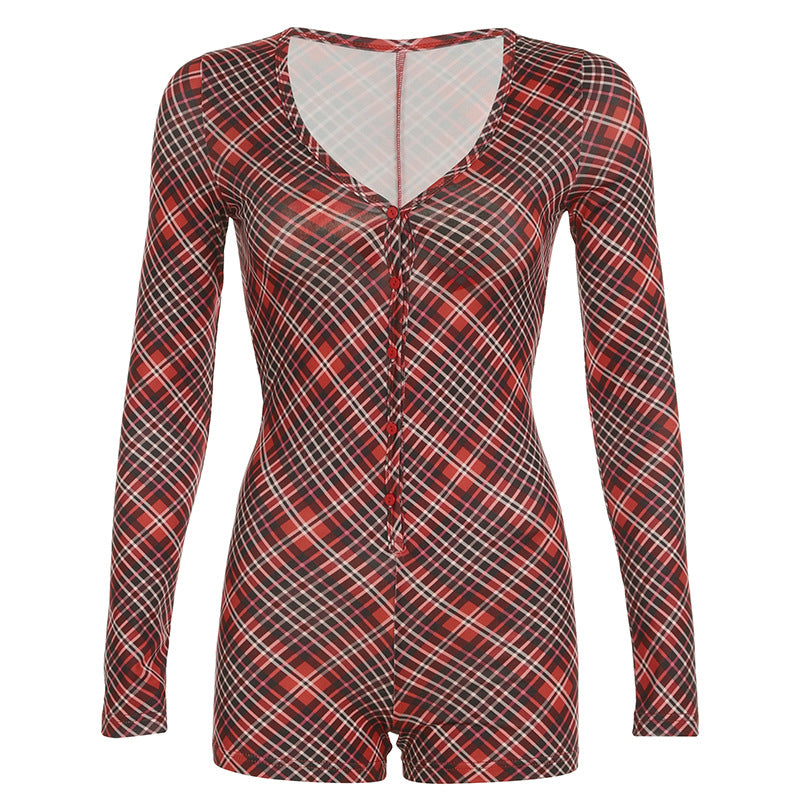 Women Clothing Christmas Printed Checks V neck Long Sleeve Romper Featured Festive Women Jumpsuit Red