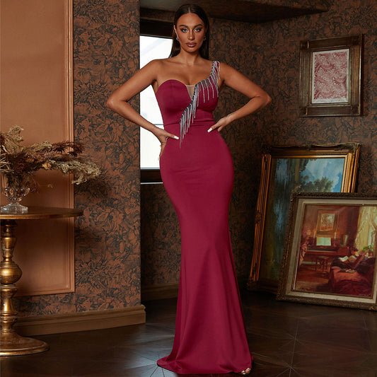 Women Sleeveless Off Neck Elegant Slim Fit Long Solid Color Cocktail Bridesmaid Dress