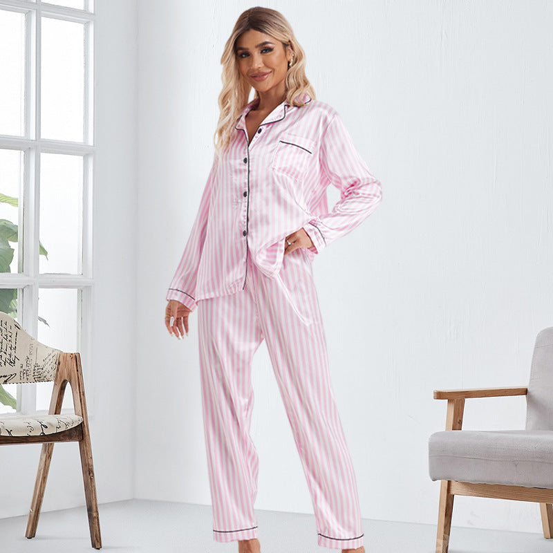 Women Nurse Short Sleeve Striped White Ice Cardigan Trousers Long Sleeve Home Wear Supply Pajamas Sets