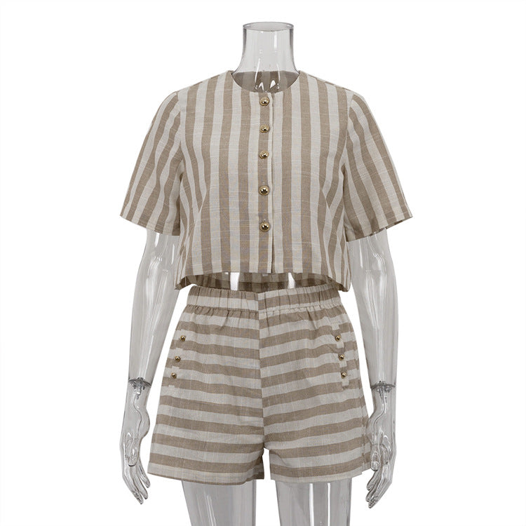 Women Clothing Short Sleeve Striped Shirt Shorts Suit Loose Breathable Two Piece Set Apricot