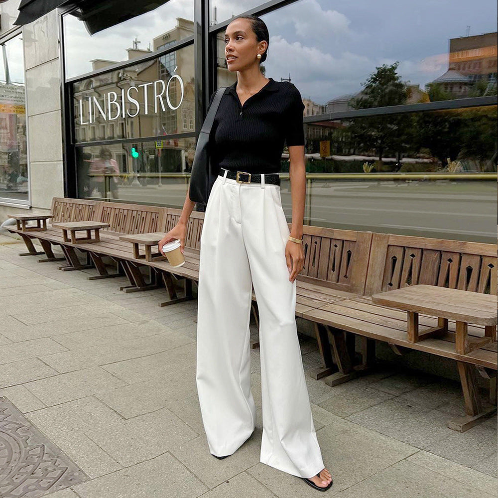 Pure White Trousers for Women Autumn Winter High Waist Wide Leg Pants Office All Matching Casual Trousers