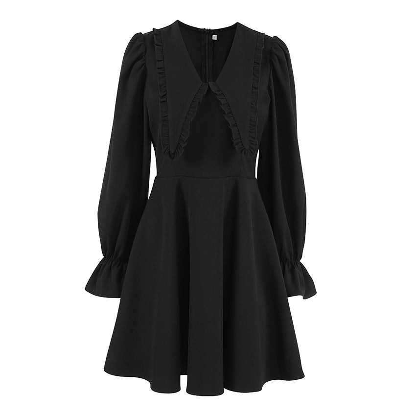 Autumn Winter Black Sexy Design Collared Bell Sleeve French Long Sleeve Dress All Matching Slim Fit Women