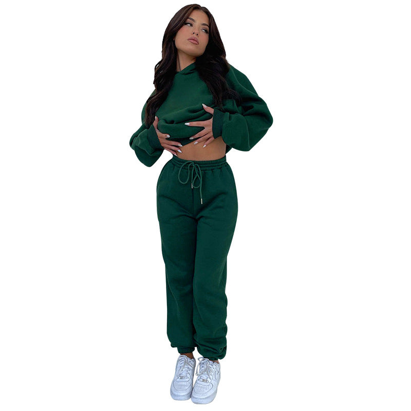 Autumn Winter Solid Color Long Sleeve Hooded Fleece Lined Sweater Women Casual Trousers sets Blackish Green