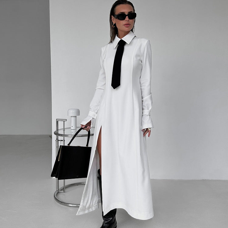 Women Clothing Early Spring Elegant College Collared Long Sleeve Split Dress Tie Dress