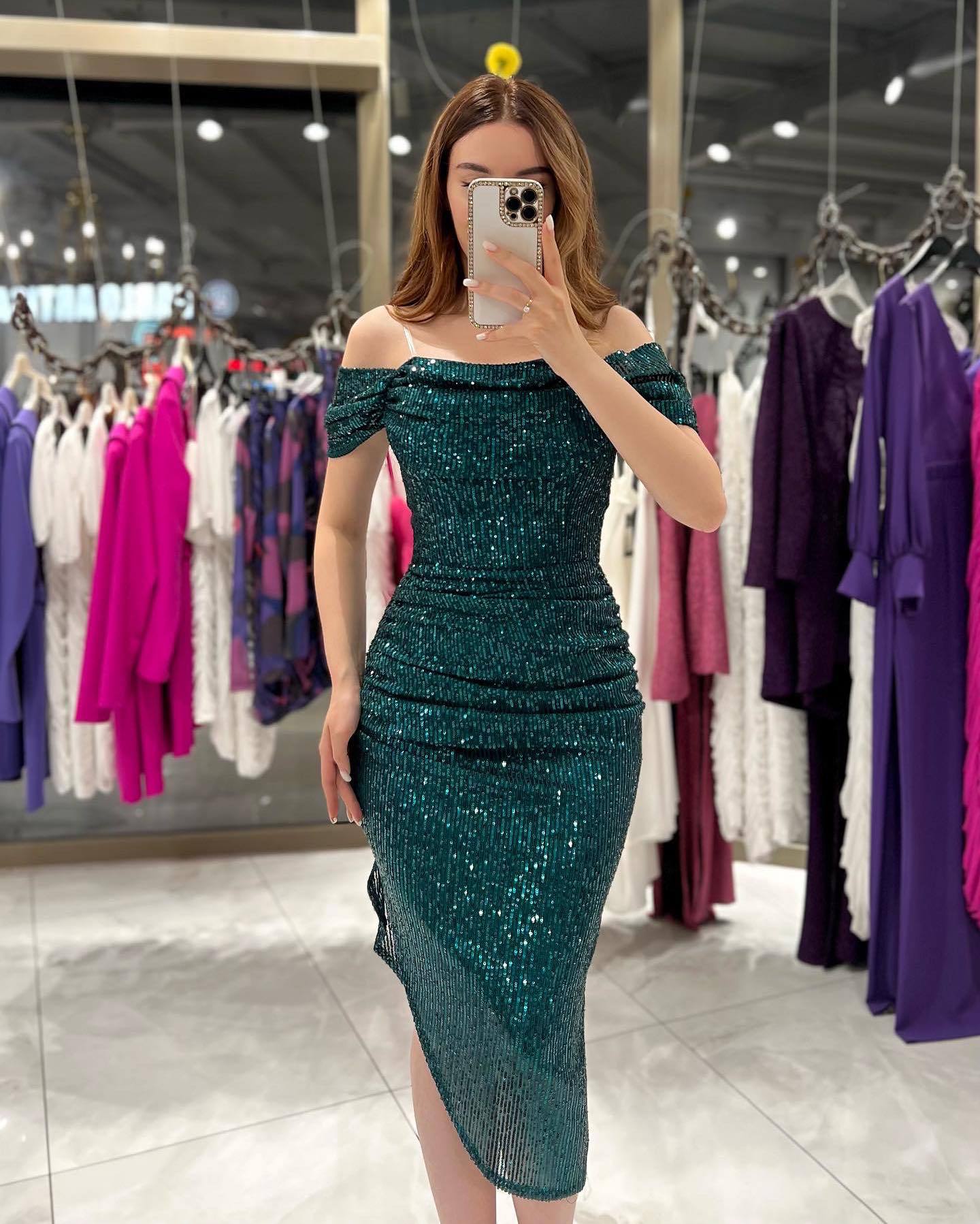 Off Shoulder Sheath Sexy Slit Dress Autumn Winter blackish green