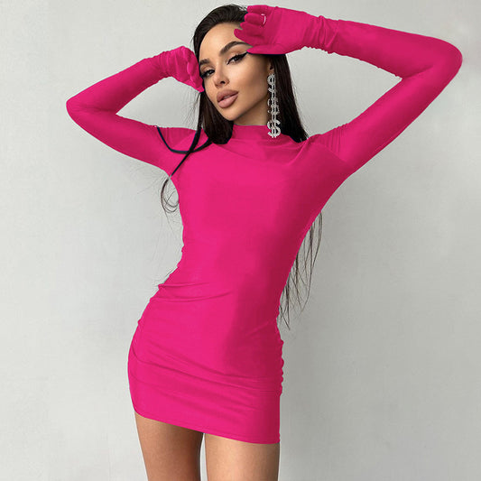 Women Clothing Summer Sexy Sheath round Neck Long Sleeve Gloves Dress