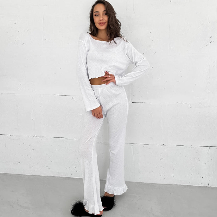 Pajamas Jacquard Breathable Long Sleeves Trousers Ruffled Two Piece Sets Home Wear Women White