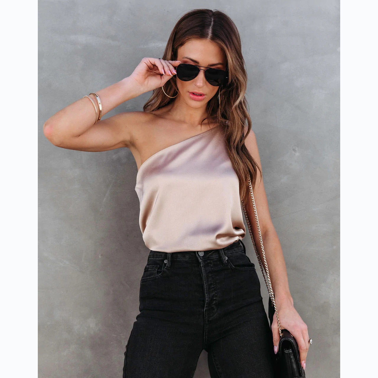 Sexy Trendy Solid Color One Shoulder Cold Shoulder Sling Top