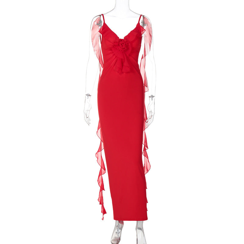 Women Clothing Summer Sexy Lace Ribbon Fold Backless Dress Red