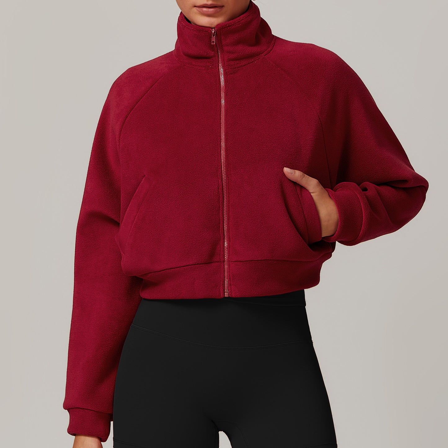 Stand Collar Yoga Clothes Warm Coat Women Running Windproof Top Velvet Sport Fitness Coat Burgundy