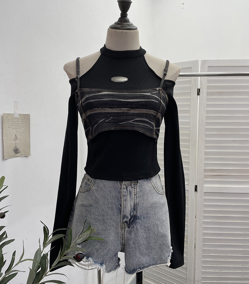 Real Shot Sexy Slim Long Sleeve T shirt Sling Faux Two Pieces Denim Short Strapless Top One Size Black