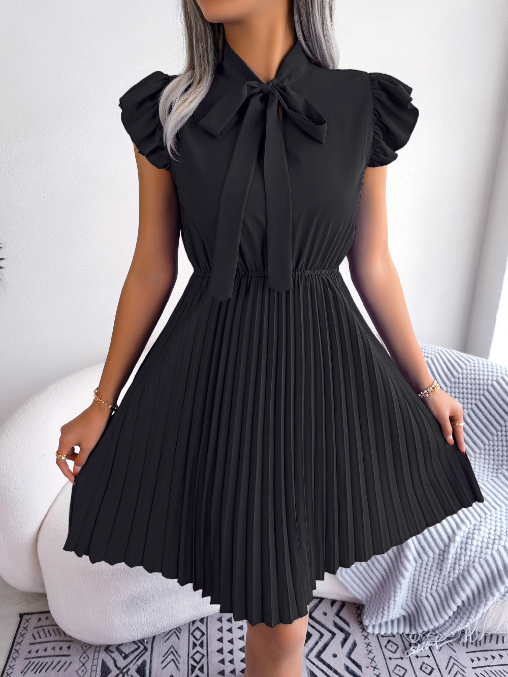 Spring Summer Elegant Tied Waist Controlled Large Hem Pleated Dress Women Clothing Black