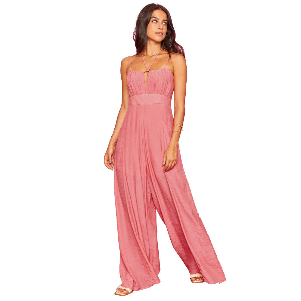 Backless Lightly Mature High Waist Lace-up Jumpsuit Pink