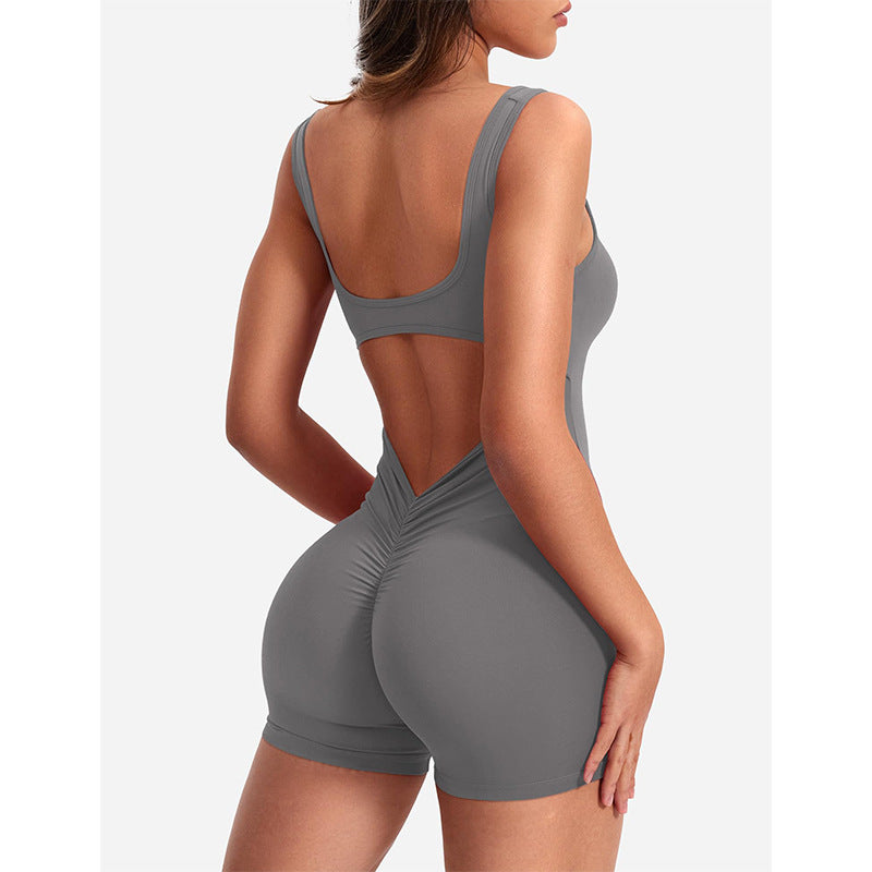 Spring Summer Women Clothing Shoulder Strap Backless Slim Fit Hip Lifting Yoga Jumpsuit Gray