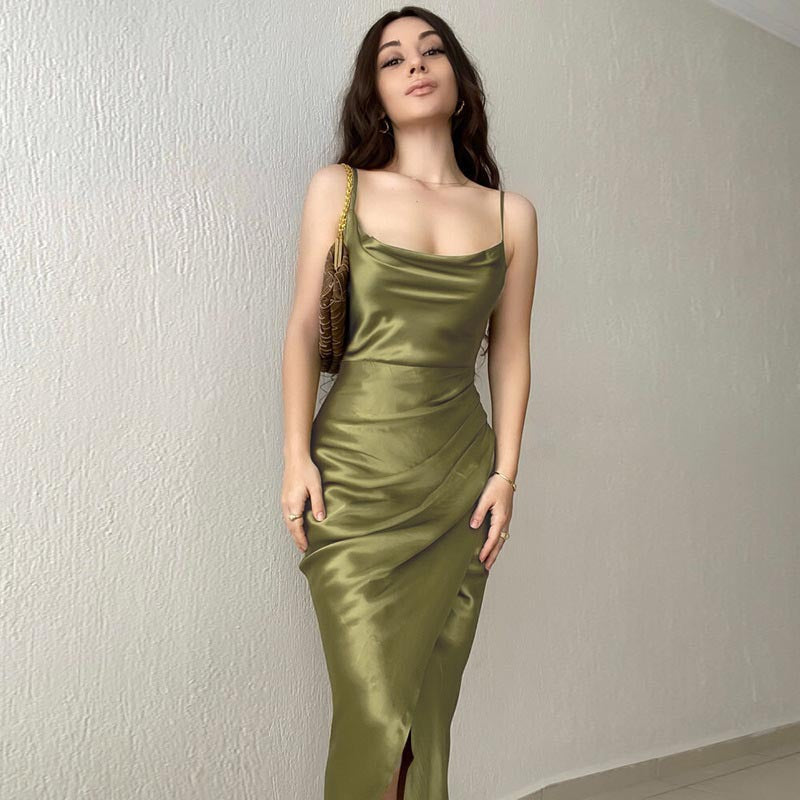 Sexy Sexy Low Cut Satin Split Sling Dress Slim Backless Maxi Dress Green