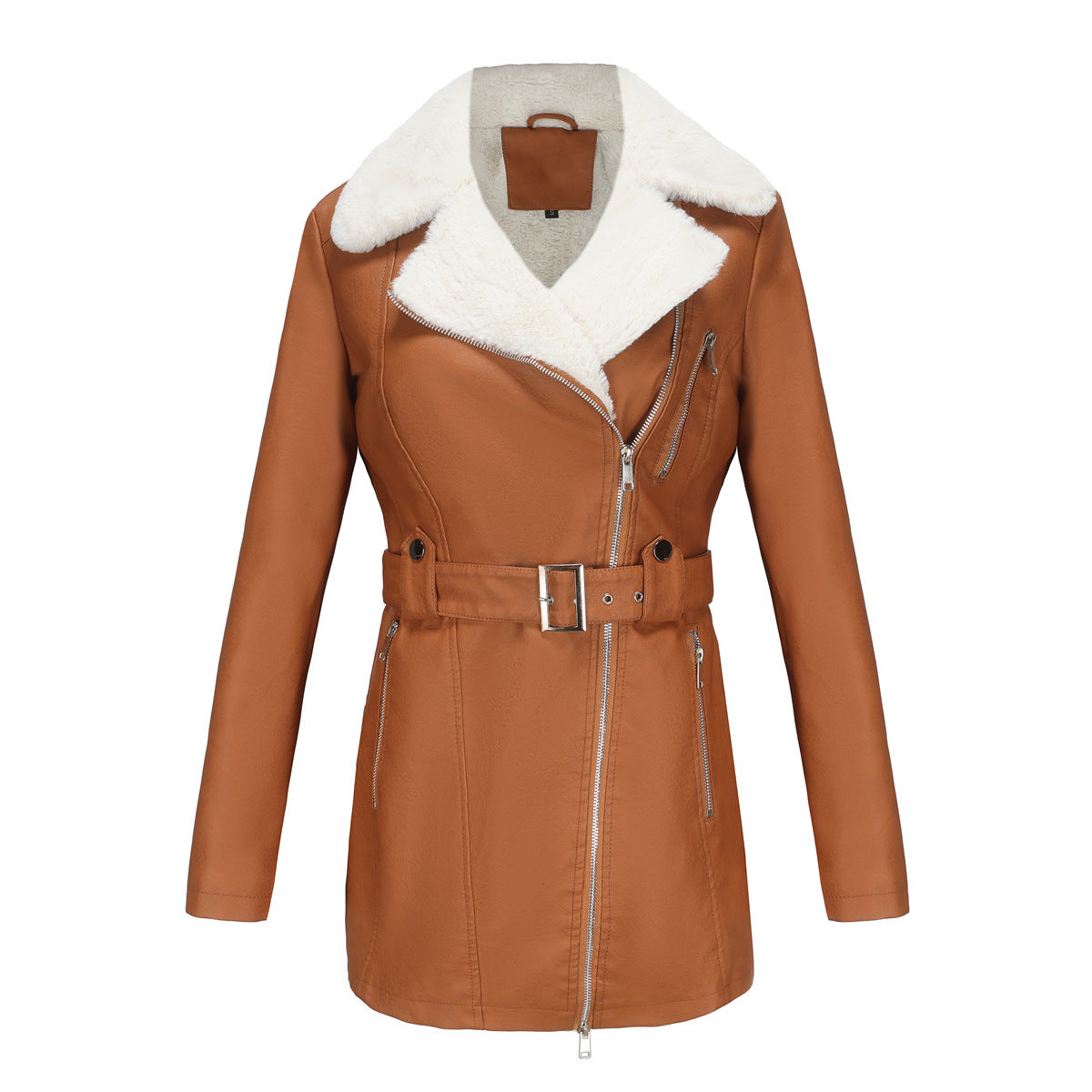 Autumn Winter Long Sleeved Fleece Leather Jacket Women Collared Double Headed Zipper With Belt Warm Coat Camel