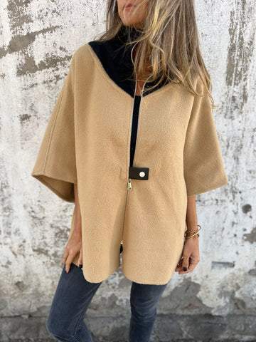 Autumn Winter Casual Loose Zip Stand up Collar Jacket camel