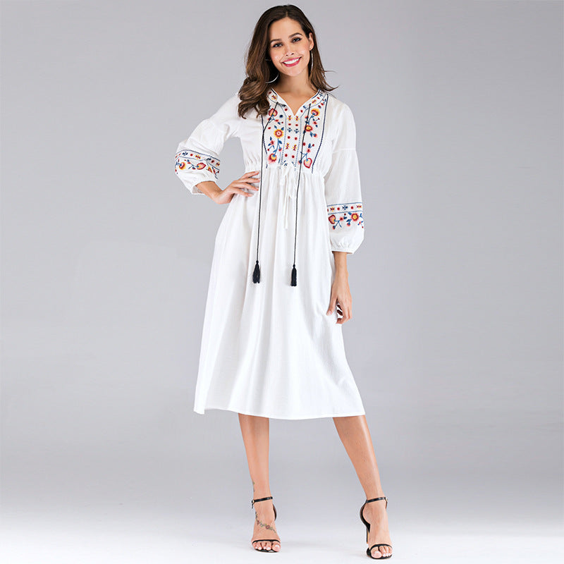 Summer Women Clothing Embroidered V neck Lace up Ninth Sleeve Dress