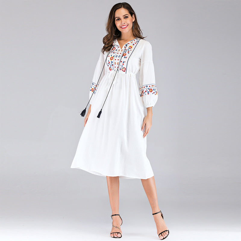 Summer Women Clothing Embroidered V neck Lace up Ninth Sleeve Dress One Size White