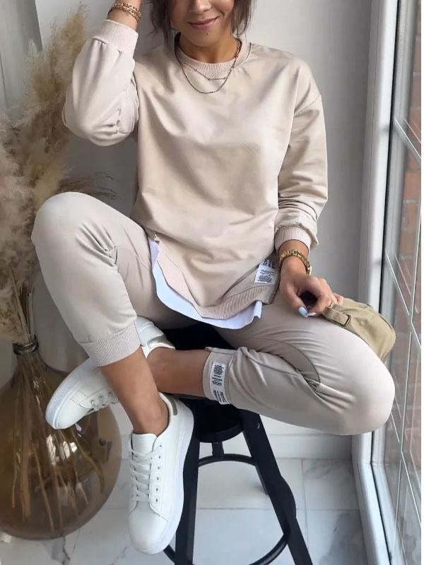 Autumn Stitching False Two Piece Sweaters Sweat Pants Sets Apricot