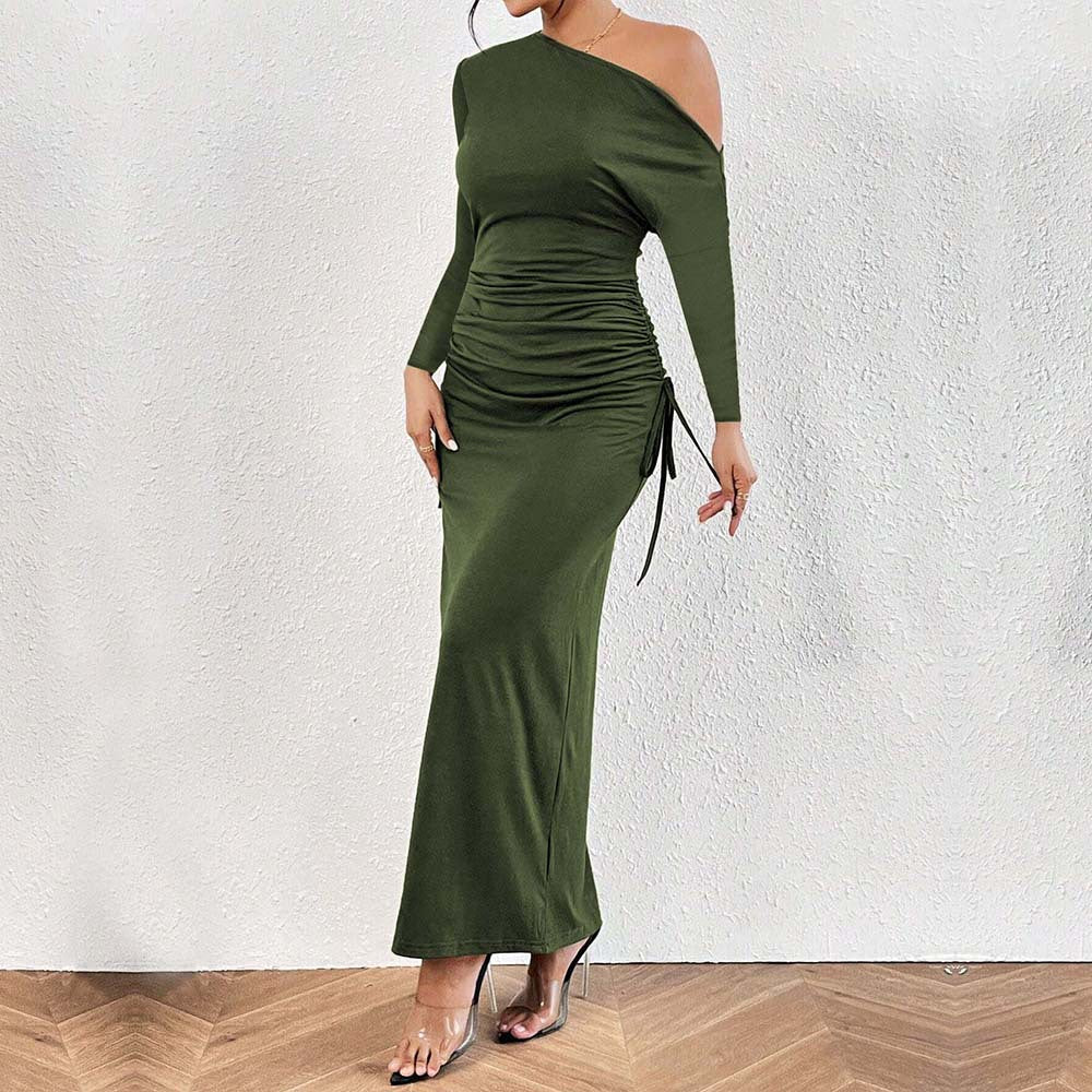 Women Clothing French Diagonal Collar Sexy Dress Autumn Winter Unique Design High Waist Dress