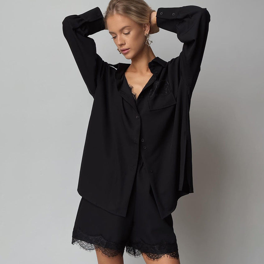 Comfort Black Long Sleeve Shorts Lace Pajamas Autumn Women Casual Simple Homewear