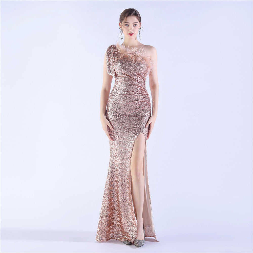 Craft Floral plus Ostrich Feather High End Sequined One Shoulder Evening Dress Gold