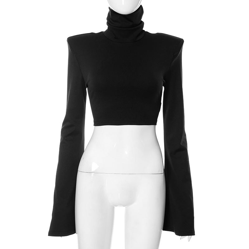 Women Clothing Autumn Winter Solid Color Pile Collar Flared Sleeves Sexy Top Black