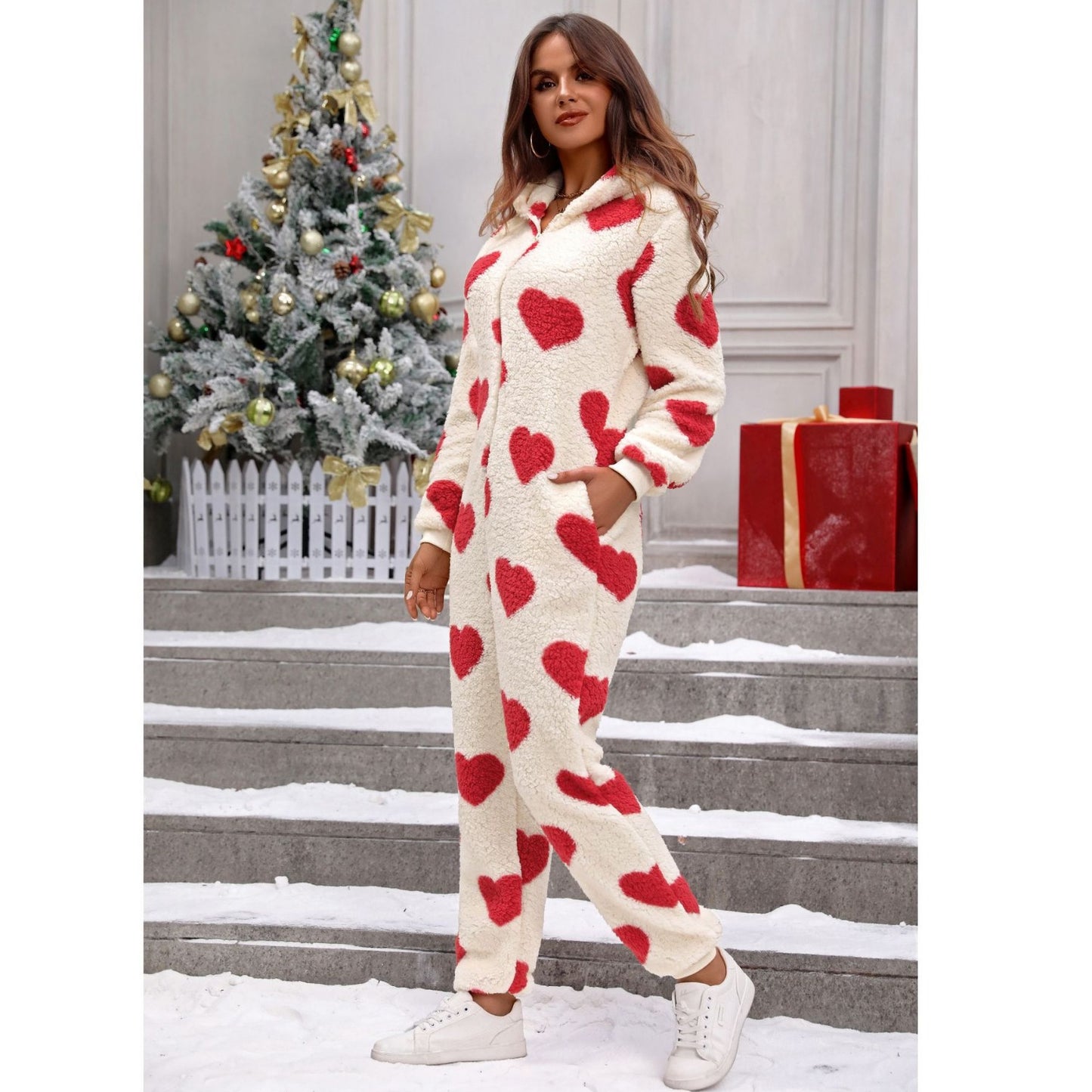 Women Clothing Autumn Winter Plush Loving Heart Printed Christmas Hooded Jumpsuit