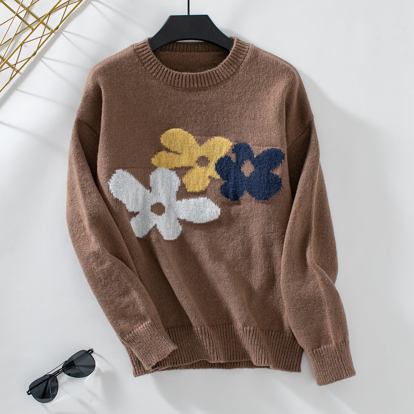 Floral Sweater Women Autumn Winter Loose Casual round Neck Knitted Top Brown