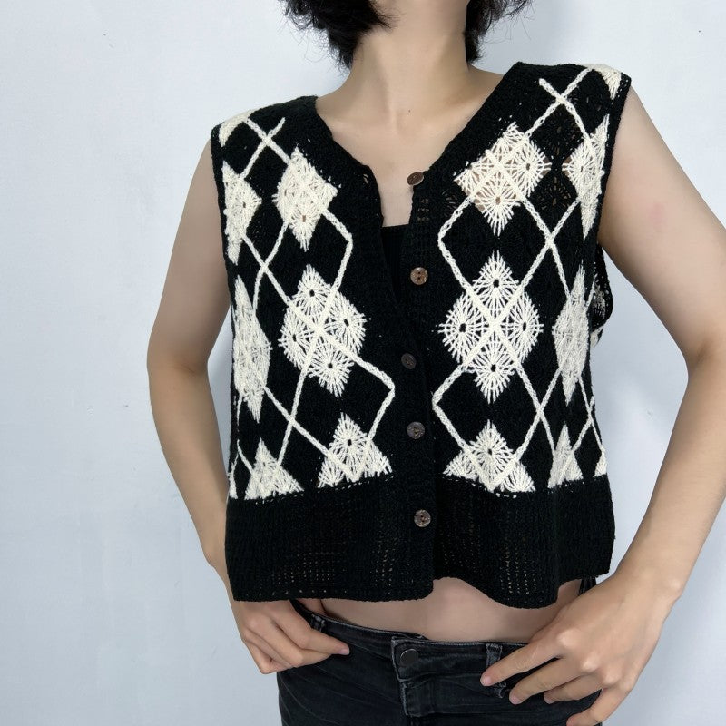 Retro Knitted Plaid Cardigan Vest Spring Black White Lattice Pattern Casual All Matching Tops