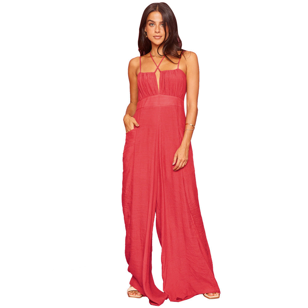 Backless Lightly Mature High Waist Lace-up Jumpsuit Red