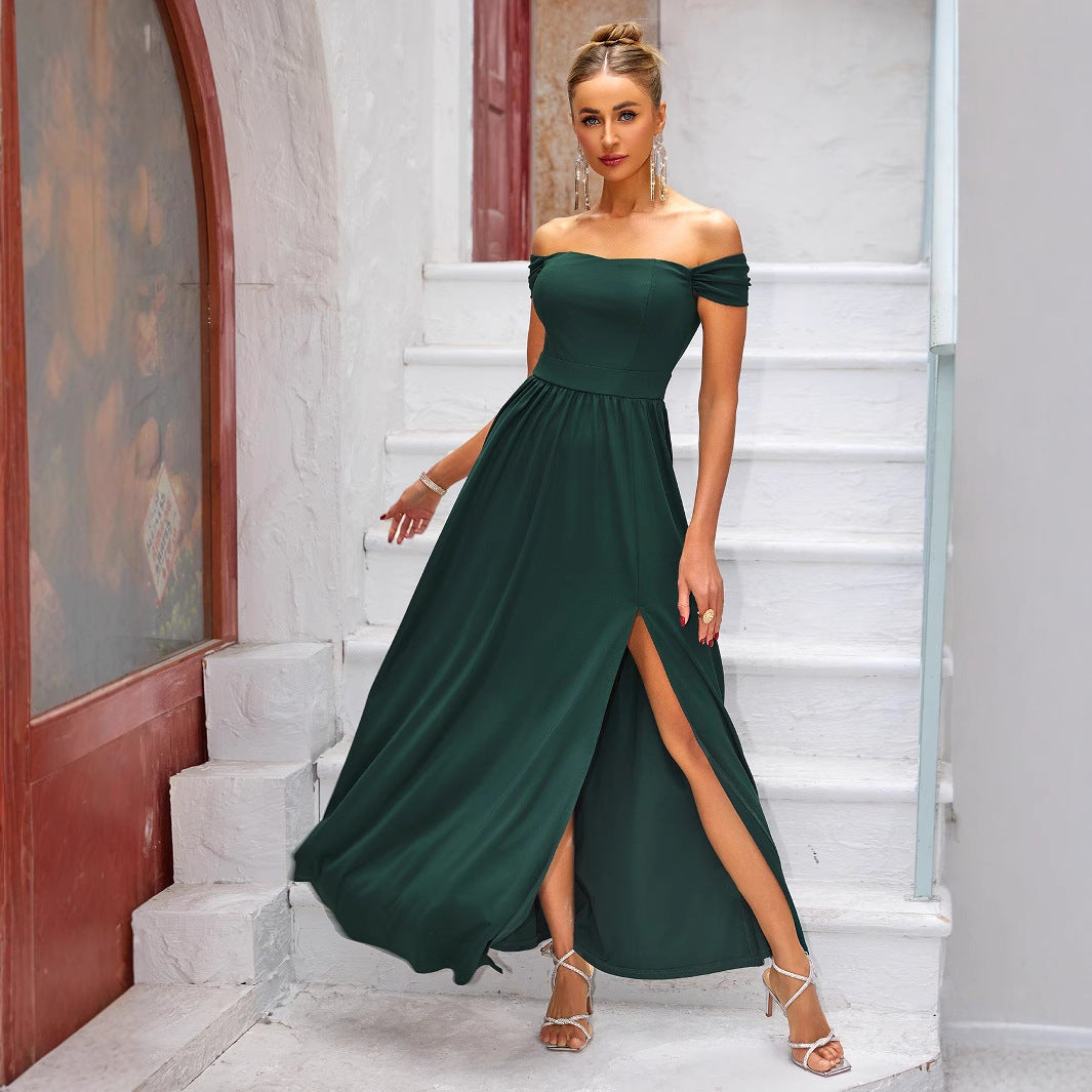 Off The Shoulder Dress Long Pleated A line Corset Formal Prom Dress With Slit怕、