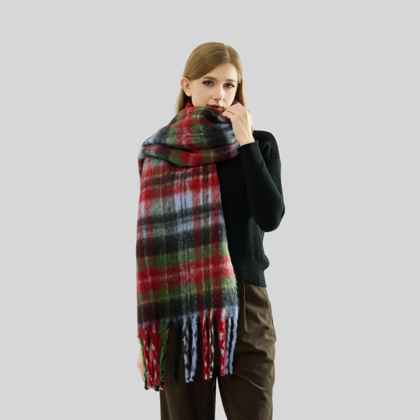 Autumn Winter Thickened Warm Contrast Color Scarf Women All Match Soft Tassel Shawl Atmosphere Scarf