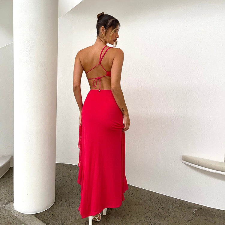 Women Clothing Sexy Oblique Shoulder Irregular Asymmetric Ruffled Split Waist Hollow Out Cutout out Little Red Dress French