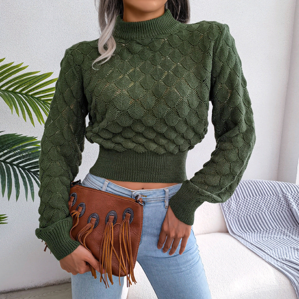 Autumn Winter Three-Dimensional Diamond Hollow Out Cutout Long Sleeves Cropped Knitted Sweater Women Clothing Army Green