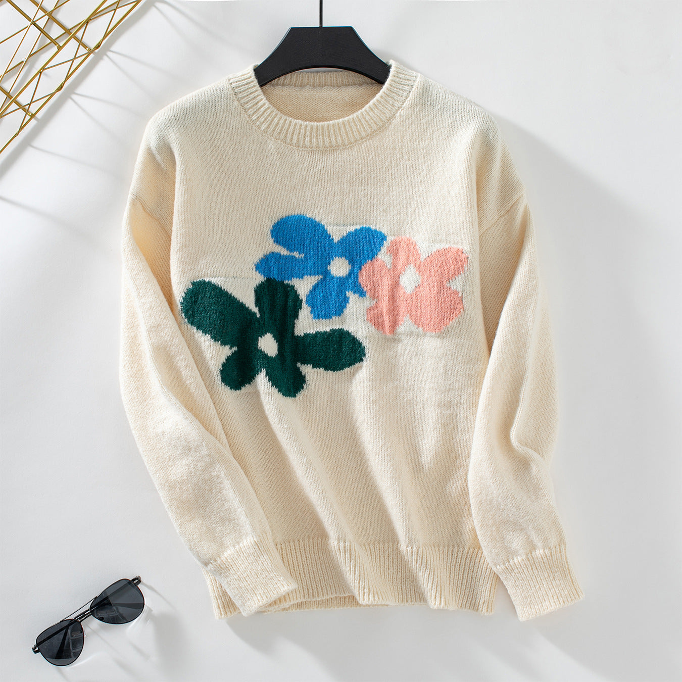 Floral Sweater Women Autumn Winter Loose Casual round Neck Knitted Top Apricot