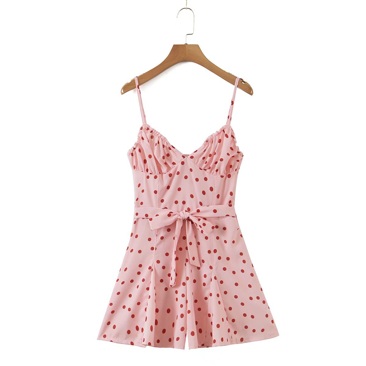 Spring Pink Polka Dot Brace Jumpsuit Lace up Backless Shorts Pink