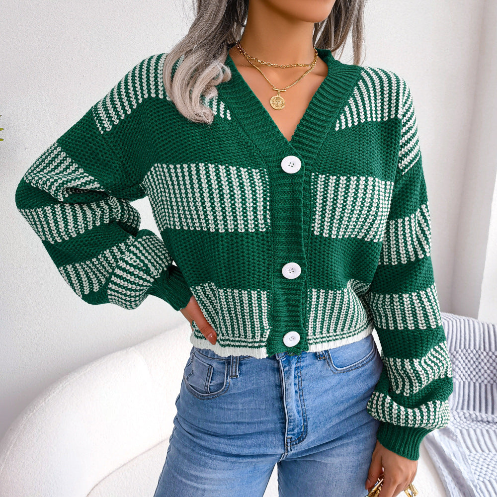 Winter Striped Lantern Sleeve Cardigan Sweater Coat Women Clothing Green