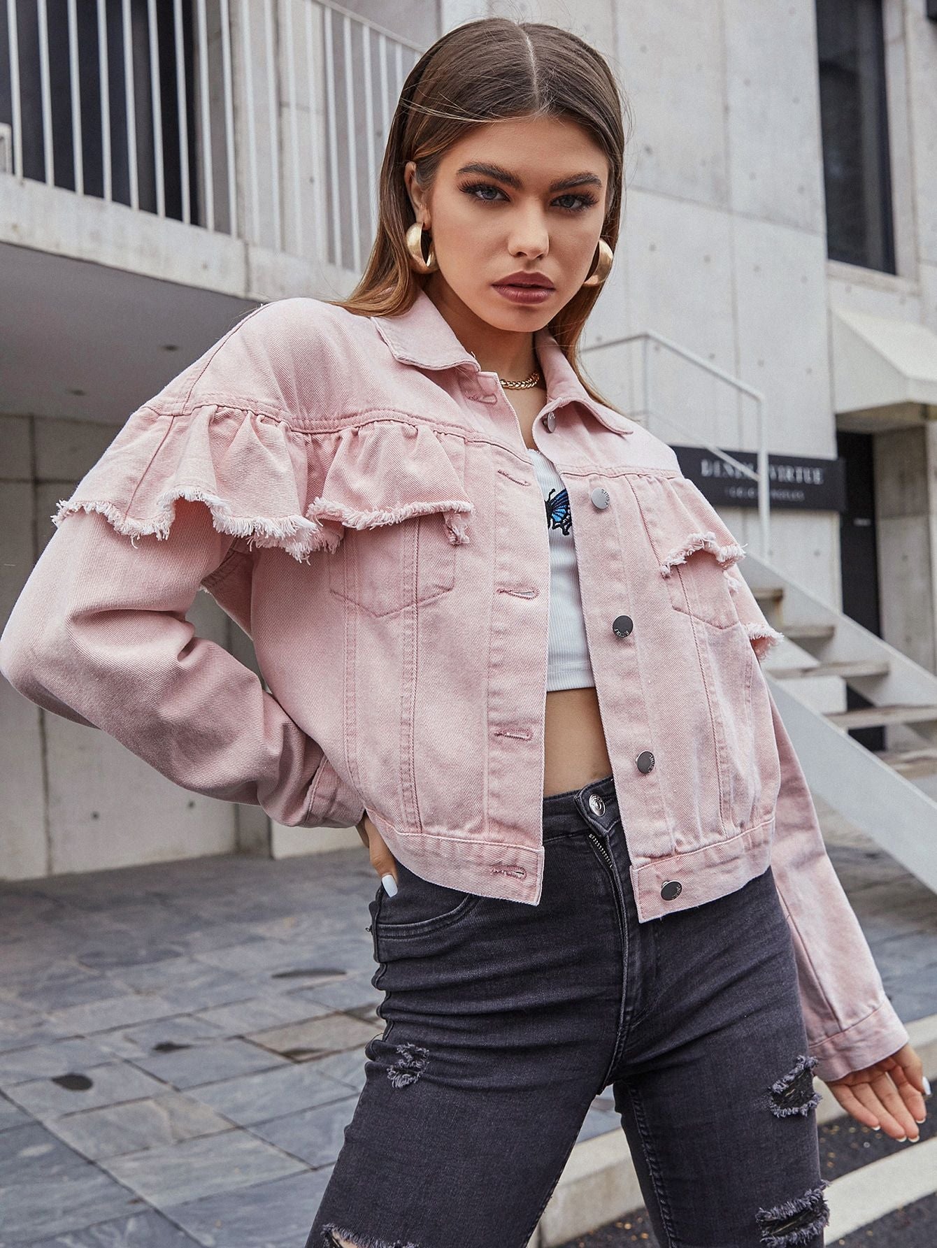 Women Clothing Casual Burr Short Denim Coat Pink