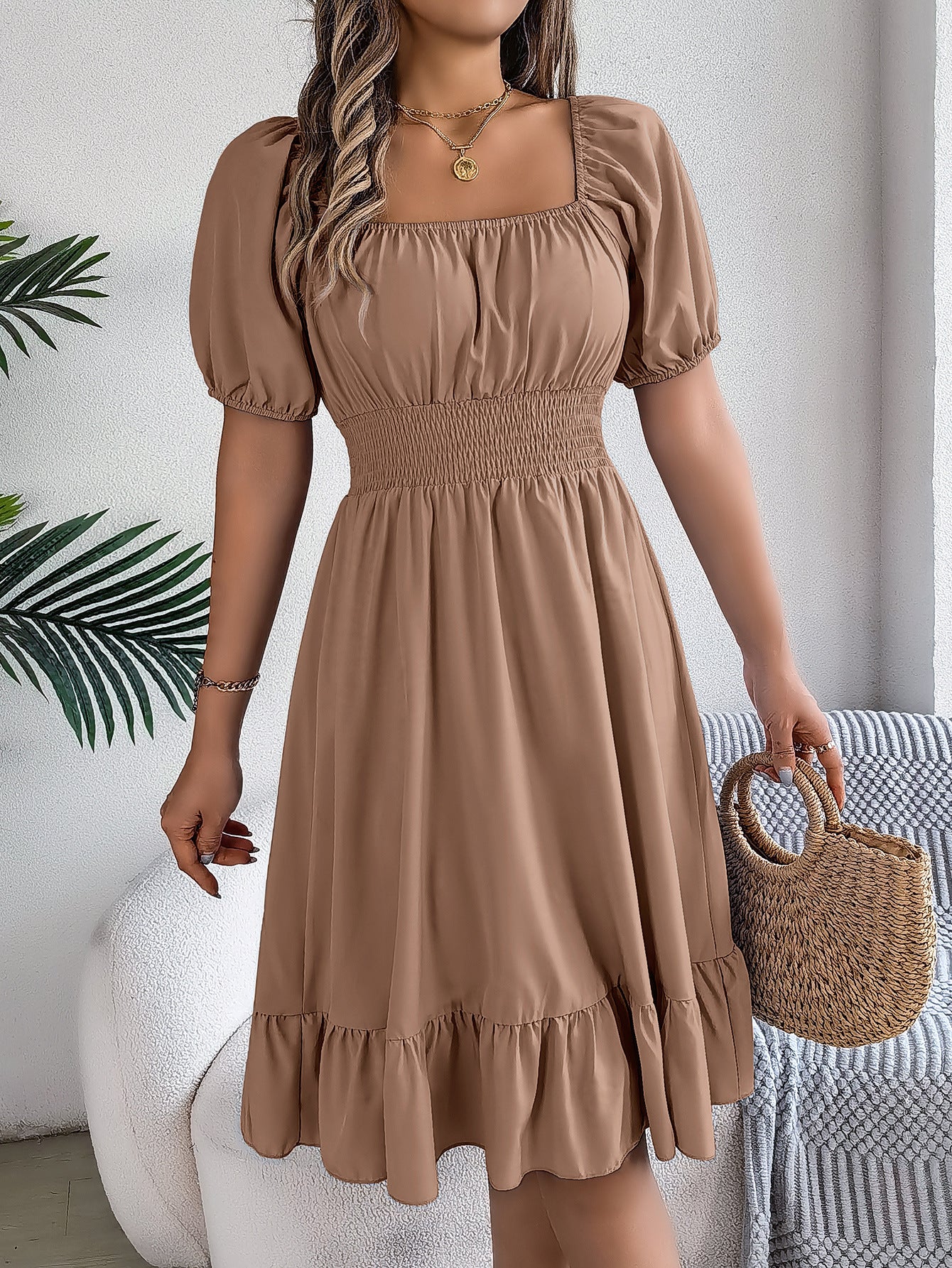 Spring Summer Casual Square Collar Short Sleeve Waist Trimming Ruffles A line Dress Women Clothing Khaki