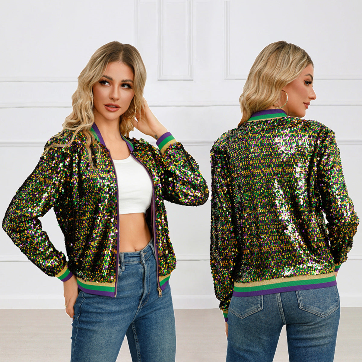 Color Matching Sequin Spring Autumn Women Short Varsity Jacket Jacket