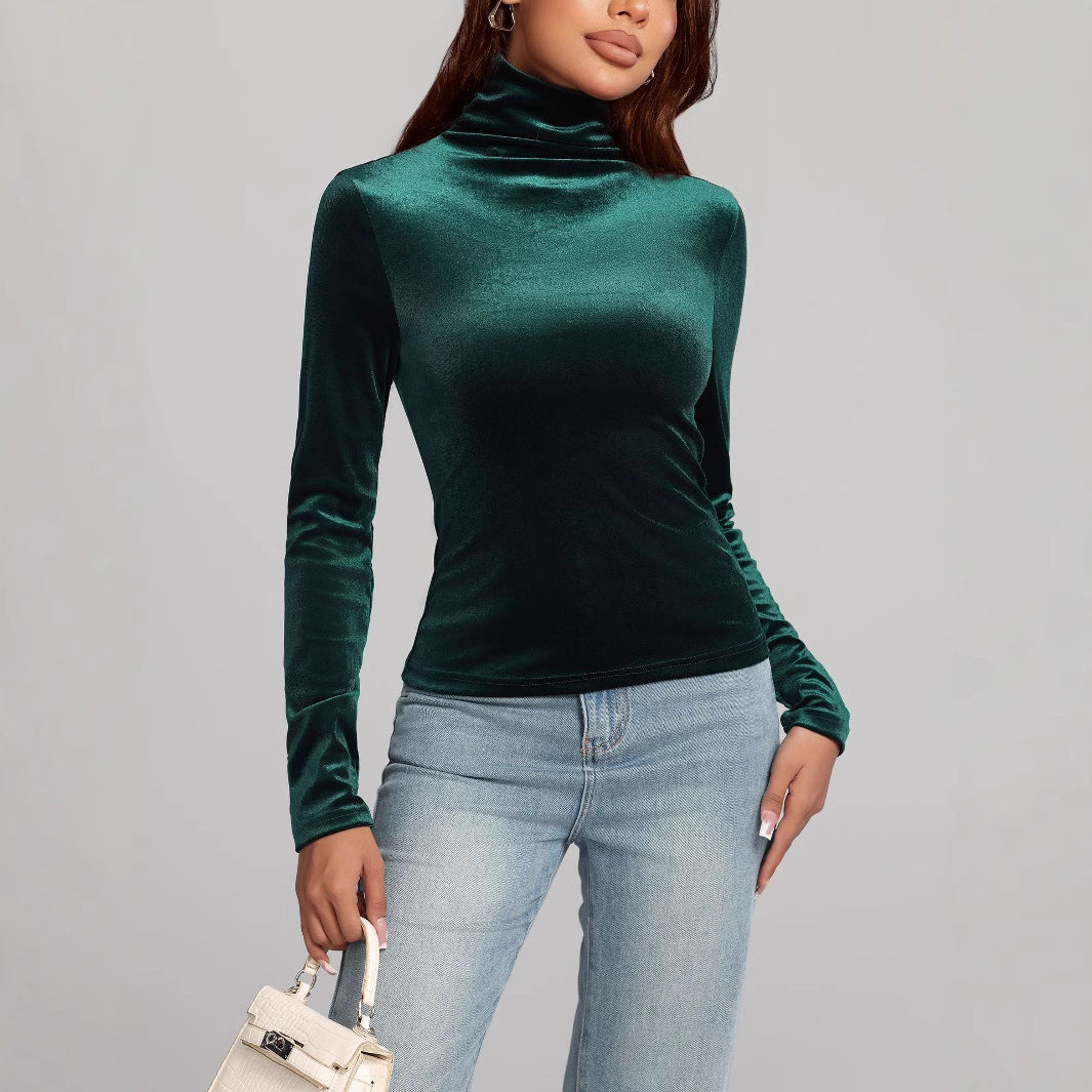 Autumn Gold Velvet Slim Fit Slimming High Collar Bottoming Shirt Women All Matching Outer Wear T shirt